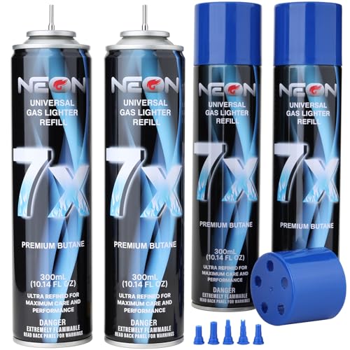 NEON Butane Refill, 300ml 7X Filtered Premium Butane Fuel, 4 Cans Pure Refined Lighter Fluid with 0 Impurities & 5 Different Nozzle Adapters for Refillable Lighters, Butane Torches, Kitchen Blow Torch