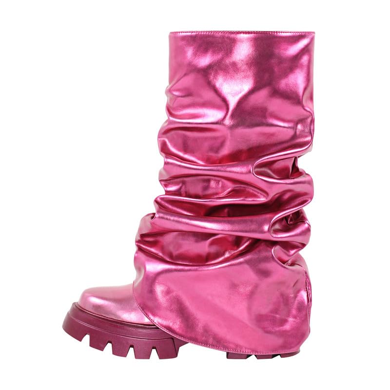 sexytag Women's Metallic Boots Slouchy Foldover Platform Round Toe Western... - Picture 17 of 61