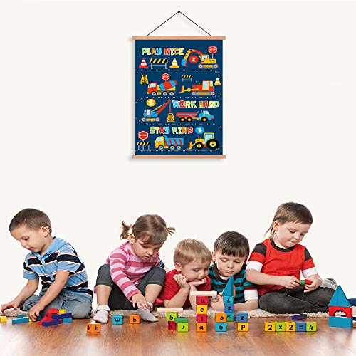 CHDITB Transport Vehicle Art Print,Construction Magnetic Natural Wood Hanger Frame Poster,Canvas Inspirational Quote-Play Nice,Work Hard,Stay Kind Painting 28X45cm Wall Hanging for Nursery Decor