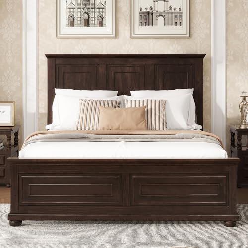 MoproBeti Farmhouse Queen Bed Frame with Tall Headboard and Footboard, Pinewood Panel Bed Frame Queen with Under Bed Storage, Noise-Free, No Box Spring Needed, Traditional Style, Brown