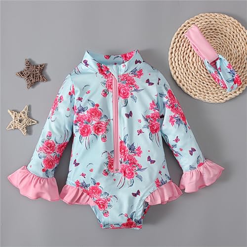 Toddler Girls Swimsuit One 𝗣iece Floral Ruffle Bathing Suits with Towel Ruffle Long Sleeve Rash Guard Zipper Swimwear3