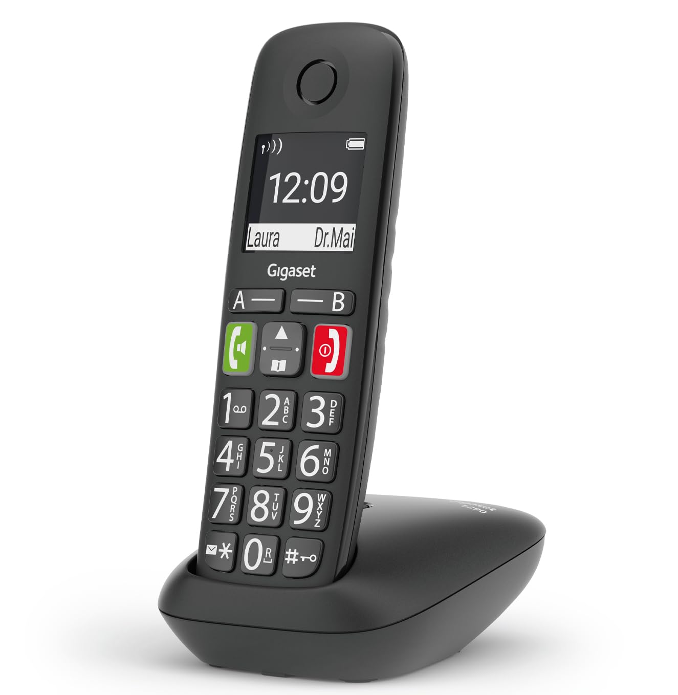 Gigaset E290 - Teléfono DECT Inalámbrico - Botones Grandes - Pantalla Iluminada en Blanco y Negro - Control de Volumen, Negro [Versión Española]