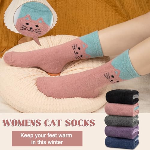 Image of 5 Pairs Wool Socks for Women, Winter Warm Cute Cat Crew Socks