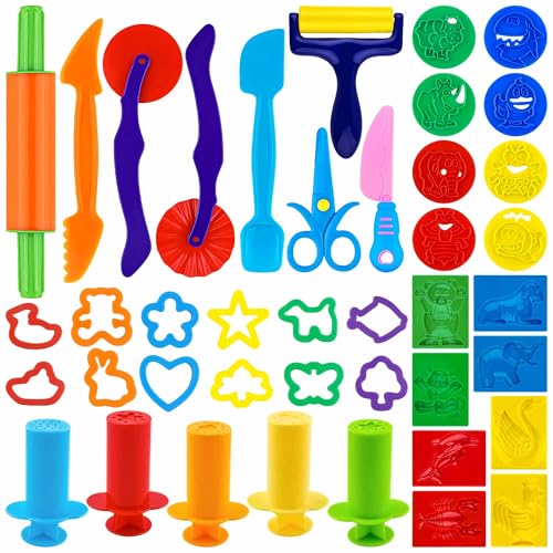Dough Tools 40 Pieces Dough Play Tools for Kids with Rolling Pins,Cutters,Molds,Plastic Scissors,Extruders