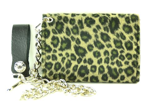 Fuzzy Leopard Tri-fold Bikers Wallet with 16" Chain Green2