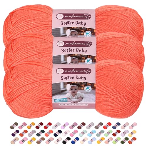 Image of 3 Skeins of Makromecity Softee Baby Yarn,%100 Premium Anti-Pilling Acrylic, 3.5 Oz, 273 yd (100gr /250 mt) Each, Soft Yarn for Crocheting and Knitting (Neon Orange, 3 Skeins)