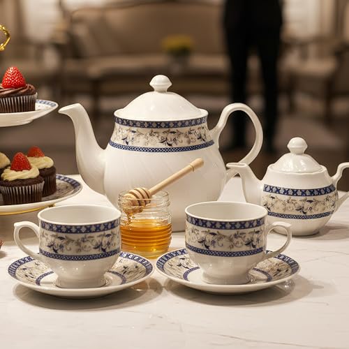 Image of U.P.C. Tea Set With Kettle And Saucer For 6 Servings, 15 Piece Ceramic Tea Service Set Including 6 Cups, 6 Saucers, 1 Kettle, 1 Milk Pot, 1 Sugar Pot, 800 Milliliters Capacity