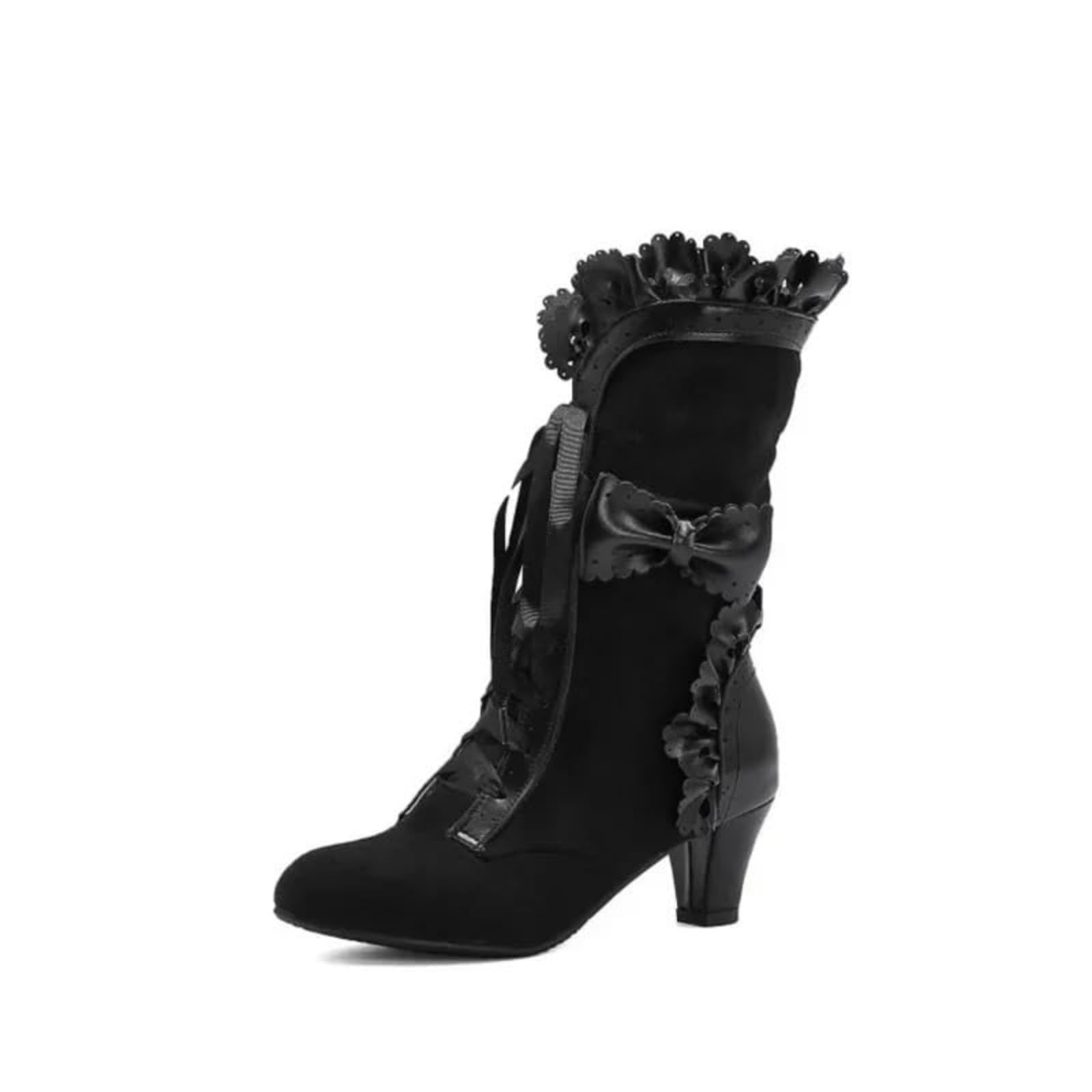 Victorian Boots for Women Low Heel Chunky Block Lace Up Bow Knot Mid Calf Boots Vintage Costume Ruffles