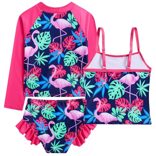Image of Funnycokid Girls Swimsuit 3 Pieces Long Sleeve Rash Guard Set Tankini Bathing Suits Summer Kids Swimwear 3-10 Years