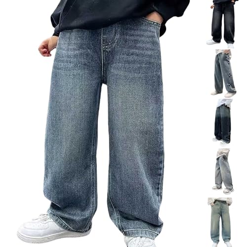 Boys Baggy Jeans Casual Elastic Waist Loose Trousers Pockets StreetwearY2K Straight Wide Leg Denim Pants Kids