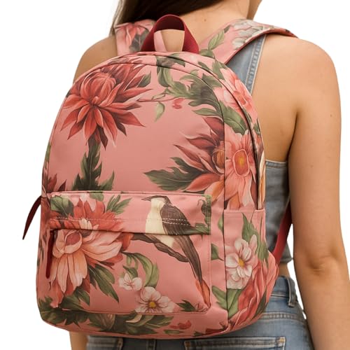 Mochila Casual Flor Floral Feminina em Nylon Leve Resistente com Bolso Externo com Zíper Alças Acolchoadas Ajustáveis Para Trabalho Faculdade Passeio Espaço Interno Amplo (Rosa)