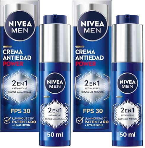 NIVEA MEN POWER Crema Hidratante 2 en 1 Antimanchas y Antiarrugas (1 x 50 ml), crema facial antiedad con protector FP30, proteccción solar con Luminous 630 y ácido hialurónico (Paquete de 2)