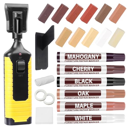 Kit Reparación Laminado, Kit Reparacion Suelo Laminado con 11 Colores Cera Dura, 6 Rotuladores Reparación Muebles, Fundidor y Accesorios, para Suelos Vinilo, Suelos Madera, Muebles, Encimeras