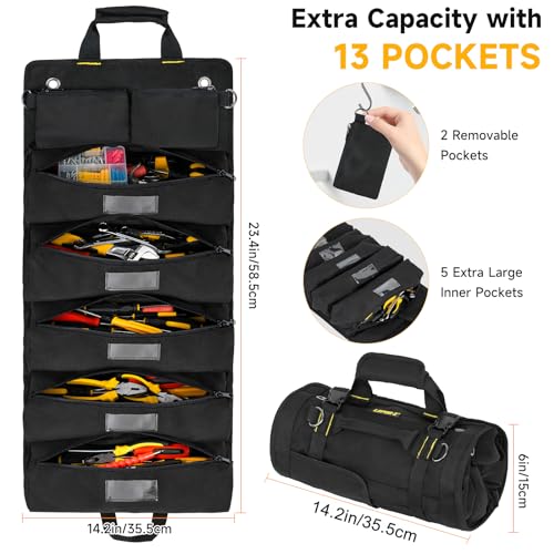 Rolltasche Werkzeug,Werkzeug Rolltasche Leer mit 13 Taschen,Werkzeugtasche mit 2 Abnehmbaren,Aufrollbare Werkzeugbox Klein Werkzeugtaschen,Geschenke für Männer,Vater,Ehemann,Freund,Opa,ihn,Schwarz