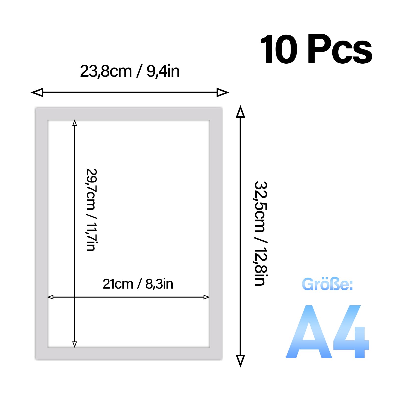 10 Stück Magnetrahmen A4 mit Magnetverschluss, Info-Rahmen Selbstklebend, Silber Infotasche Blatthalter, für Fotos, Informationsrahmen, Wanddekoration, Bilder, Poster, DIN A4 Format 32,5 x 24 cm