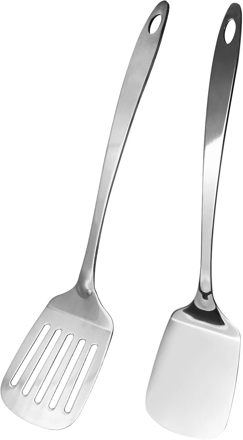 2Pcs Kitchen Spatula Set, Solid & Slotted Stainless Steel Turner