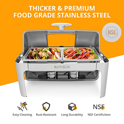 ROVSUN 3 Pack Roll Top Chafing Dish Buffet Set,9 Quart Rectangular NSF Stainless Steel Chafer for Catering,Buffet Servers and Warmers Set with Glass Window for Wedding, Party, Banquet, 2 Half Size