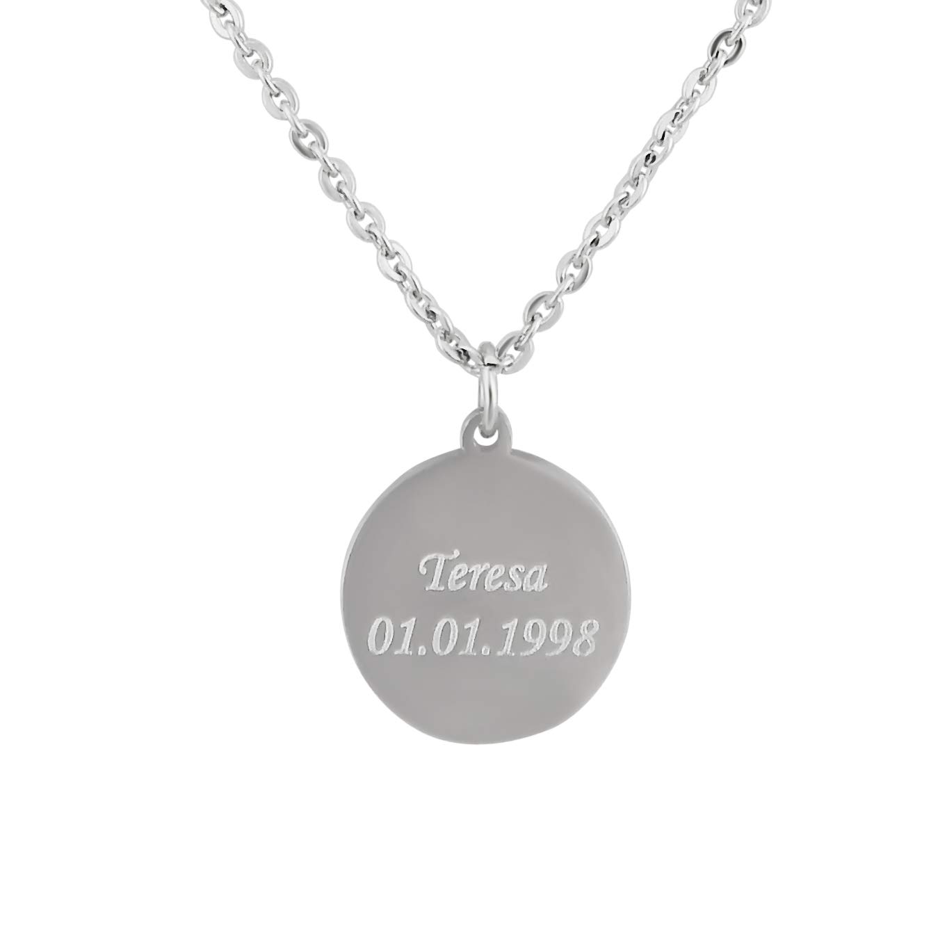 Hanessa Collar personalizado con grabado de acero inoxidable de 50 cm con colgante redondo en plata – Collar personalizado para hombres y mujeres – Joyería personalizada para hombre, Acero inoxidable