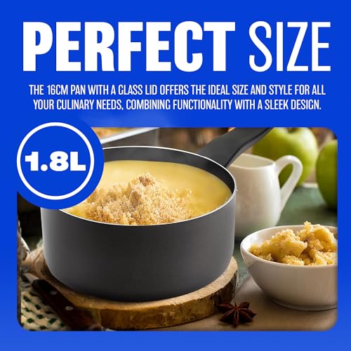 16cm Milk Pan + Glass Lid - Sauce Pot Tea Handle Kitchen Non Stick Cookware | Easy to Clean | Stay Cool Wooden Handle | Boil Eggs, Warming Milk - Image 4
