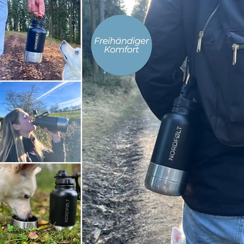 NORDFØLT®Trinkflasche Hunde Für Unterwegs, 4 in 1 Hundetrinkflasche für Unterwegs 950ml, Isolierflasche aus Edelstahl, Hundezubehör für Reise, Trinkflasche Hund mit Wassernapf und Futternapf, BPA-Frei