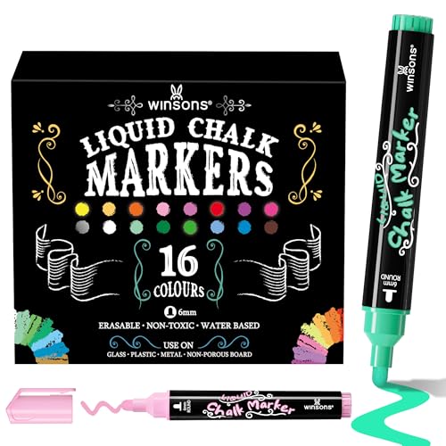 WINSONS Feutre Tableau Blanc Effacable, 16 Couleur Marqueurs À Craie Pour Tableau Noir, Lavable, Marqueur De Fenêtre Effaçable, Marqueur Craie Pour Verre, Fenêtre,...
