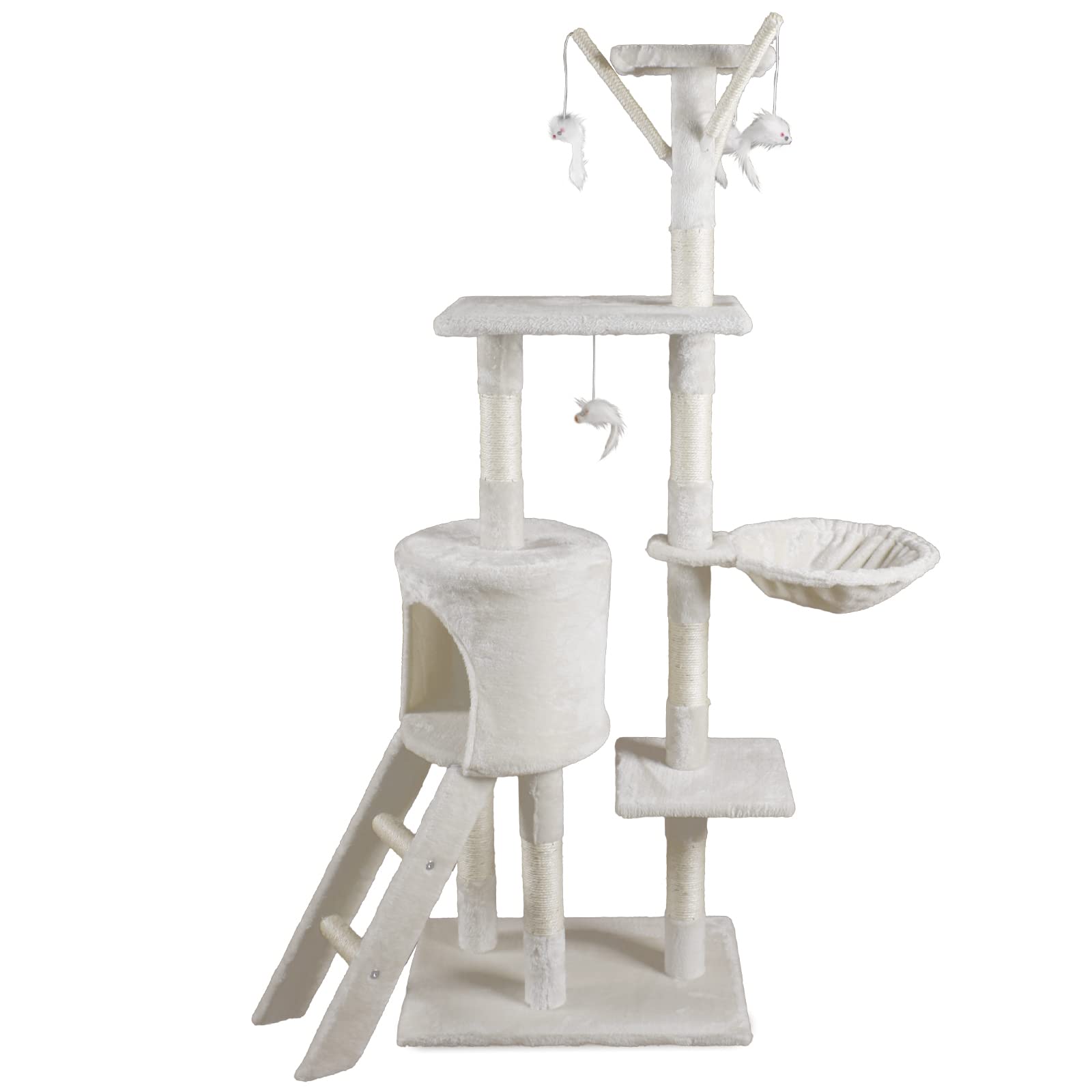 JL Comfurni Cat Tree Cat Tower 140cm Cat Activity Trees Cat Climbing Tower with Ladder Cat Scratching Post for Kitten and Large Cat Indoor (Cream)