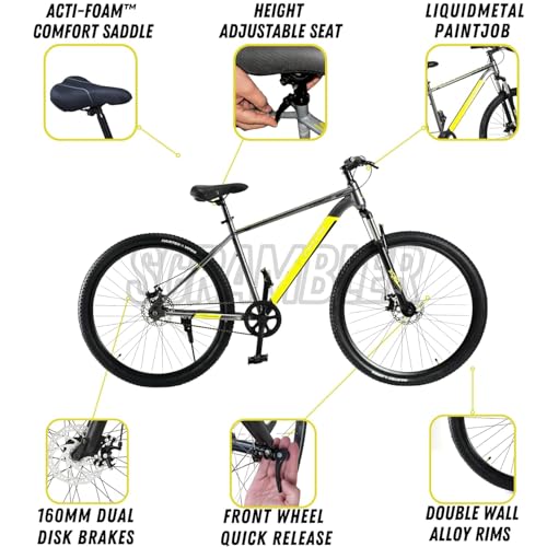 Image of FitTrip 29T Scrambler Mountain Bike Cycle for Men & Women, Single Speed MTB Bicycle with Steel Alloy Frame, Hartex Tyres, Fully Fitted, Zero Maintenance, Liquid Metal Yellow