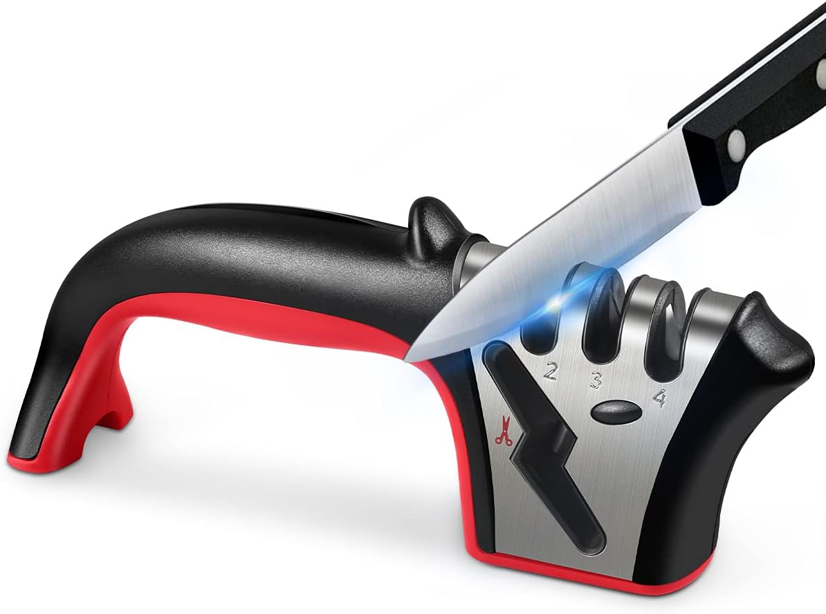 Knife Sharpener, 4-in-1 Kitchen Knife Accessories, Easy Sharpening 4-Stage Kitchen Sharpener Helps Repair, Restore and Polish Blades, Safely and Easy to Use for Kitchen, Camping & Hiking: Home & Kitchen