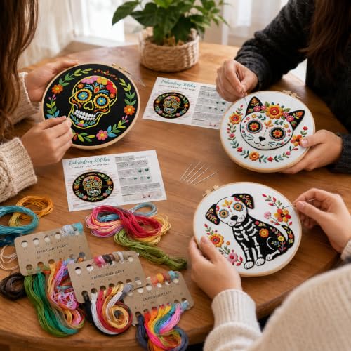 Image of Nuberlic 3 Pack Sugar Skull Embroidery Kit for Beginners, Day of the Dead | Beginner Friendly Embroidery Handmade Gift Pre Printed Patterns Complete Cross Stitch Starter Kit DIY
