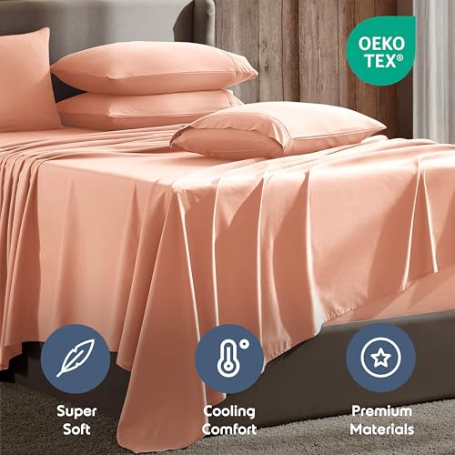 Image of Nestl Extra Deep Cal King Sheet Set - 6 Piece Breathable & Cooling Sheets - Hotel Luxury Bedding Set w /18-24 Inch Deep Pockets - Easy & Secure Fit - Super Soft, Wrinkle Free & Comfy - Peach Beige