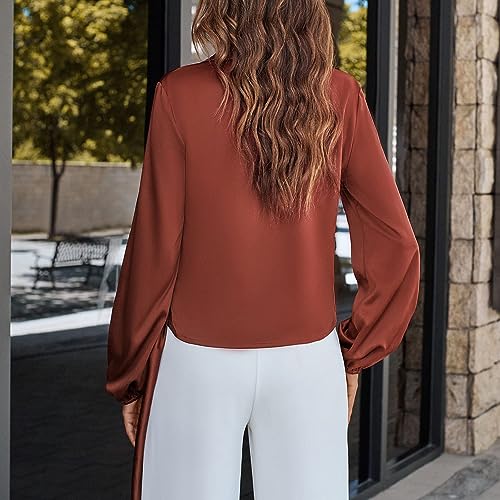 Blusas femininas de seda de cetim com decote em V, manga comprida, elegante, amarrar, cintura, escri