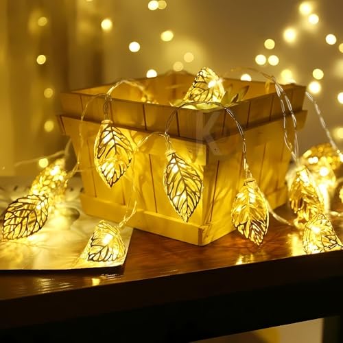 Image of K D Metal Leaf Paan String Lights for Decoration -10 LED Leaf (Paan) 3.8 Meter Moroccan LED Fairy Lights, Warm Yellow Decorative Lights for Home, Room, Parties & Festivals