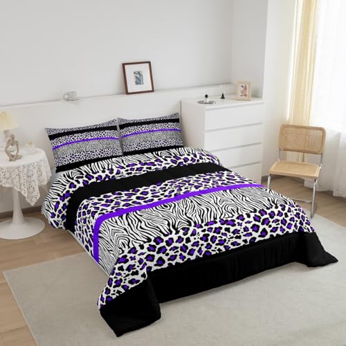 Image of Feelyou Kids Full Size Purple Leopard Comforter Set Zebra Bedding Set Purple Black Comforter for Kids Boys Girls Animal Duvet Insert Adult Bedroom Decor 3Pcs