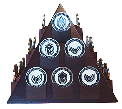 DECOMIL - Pyramid Shaped Military Challenge Coin & Poker/Casino Chip Display Solid Wood - Cherry Finish