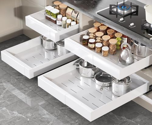 Image of Seinloes 4 Pack Pull Out Cabinet Organizer 21" Deep,Full Extension 3 Slide Rails Slide Out Drawers With Raising Pad for Framed Cabinets,Expandable Width (12.3"-20.5"),No Drill Roll Out Shelves,White