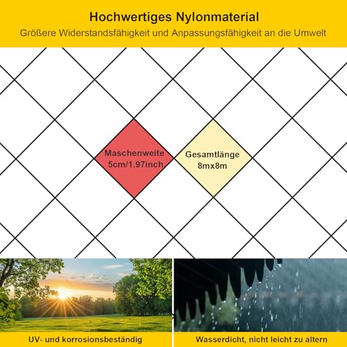 Vogelschutznetz Engmaschig Vogelnetze 8x8m mit Maschenweite 5cm Taubennetz Balkon Teichnetz Feinmaschig Volierennetz Hühnernetz Laubnetz Schwarz Witterungs & UV Beständig