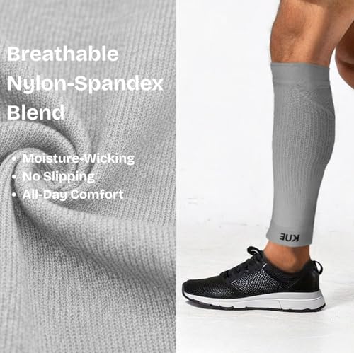 Image of KUE Compression Calf Sleeves for Running, Sports, & Medical Recovery | Graduated Support for Men & Women | Improves Blood Circulation, Reduces Swelling, Pain Relief | UV Protection (Grey, 2 Pairs, L)