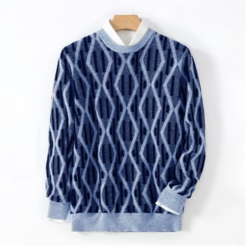 Men's Fall Winter Pure Wool Sweater Round Neck Thickened Diamond Color Matching Knitted Loose Cashmere Sweater3