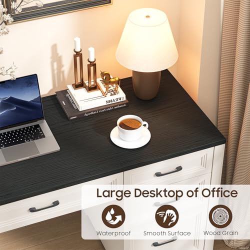 Image of Vabches Farmhouse Executive Desk, Wood Home Office Desk with 2 Large File Drawers and 5 Storage Cabinets, Rustic Writing Desk for Work and Study, Black
