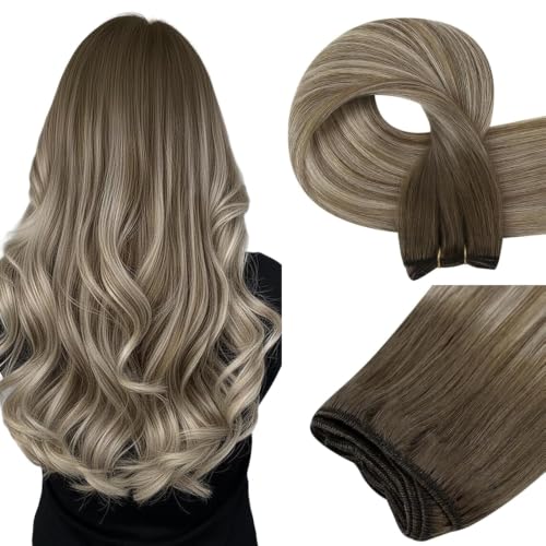 Image of Easyouth Sew in Hair Extensions Real Human Hair Ombre, 12 Inch Balayage Sew in Weft Hair Extensions, 70G, Medium Brown Fading to Platinum Blonde Mix Brown, Double Weft Hair Extension, for Work