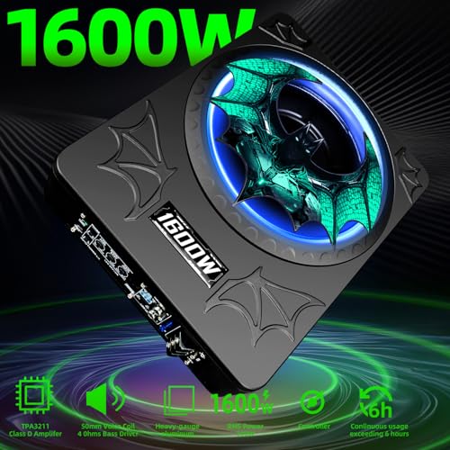 Image of 1600W Car Subwoofer, 10 inch Ultra-Thin Powered Under-Seat Subs with Built-in Amplifier, (LPF /Gain /Bass Boost) LED Ambient Lights, Independent Bass Knob, Distortion-Free Deep Bass for Most Vehicles