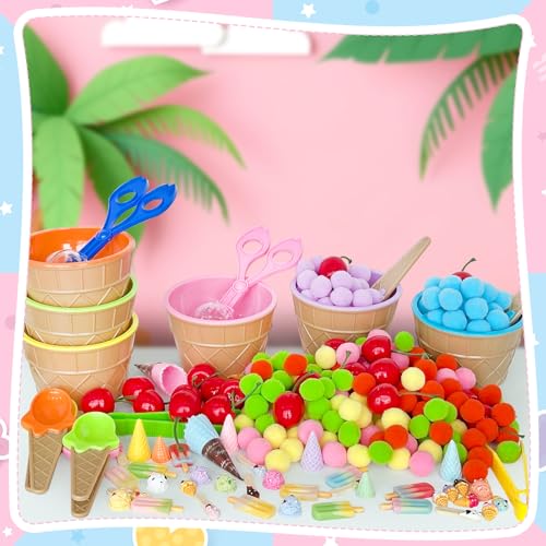Image of 252 Pcs Summer Ice Cream Sensory Bin Filler Ice Cream Fine Motor Counting and Color Sorting Set Colorful Felt Pom Pom for Summer Sorting Counting Training Preschool Education Classroom Activities