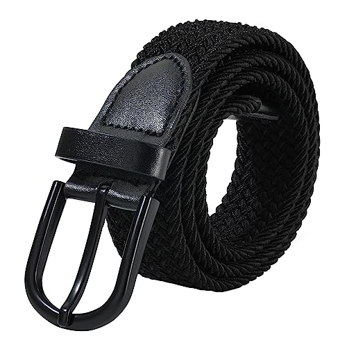 AWAYTR Boys Elastic Braided Belt - Black Pin Buckle Stretch Golf Baseball Belt for Boys and Girls Aged 4-12 Years (Black Buckle-Black,82cm)