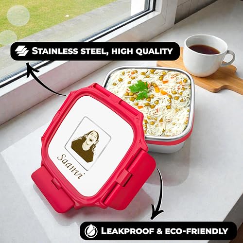 Image of SAVRI Personalized Stainless Steel Lunch Box for Kids - Customized Laser Photo & Name Printed | Square Food Storage Tiffin Box Lunch Box for Baby, Toddler & Children. (Red)