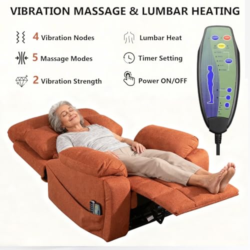Image of 4 Motor Power Lift Recliner Chair for Elderly, 400LBS Big Man Oversized Lay Flat Recliner with Massage Heat, Zero Gravity Electric Lift Chair, Adjustable Headrest, Cup Holders, Orange