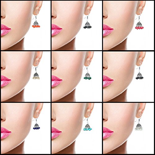 Multicolor Brass Oxidized Jhumki Earrings - Combo of 9