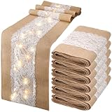Xinnun 6 Pack Burlap Table Runner with LED String Lights, Modern Rustic Lace Natural Vintage Boho Jute Wedding Table Decor for Farmhouse Thanksgiving Christmas(Modern Neutral,12x70 Inches)