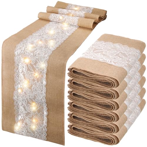 Xinnun 6 Pack Burlap Table Runner with Warm LED Lights,Rustic Lace Wedding Table Decor,Boho Farmhouse Jute Runner for Reception Bridal Shower Party(Modern,12x70 Inches)
