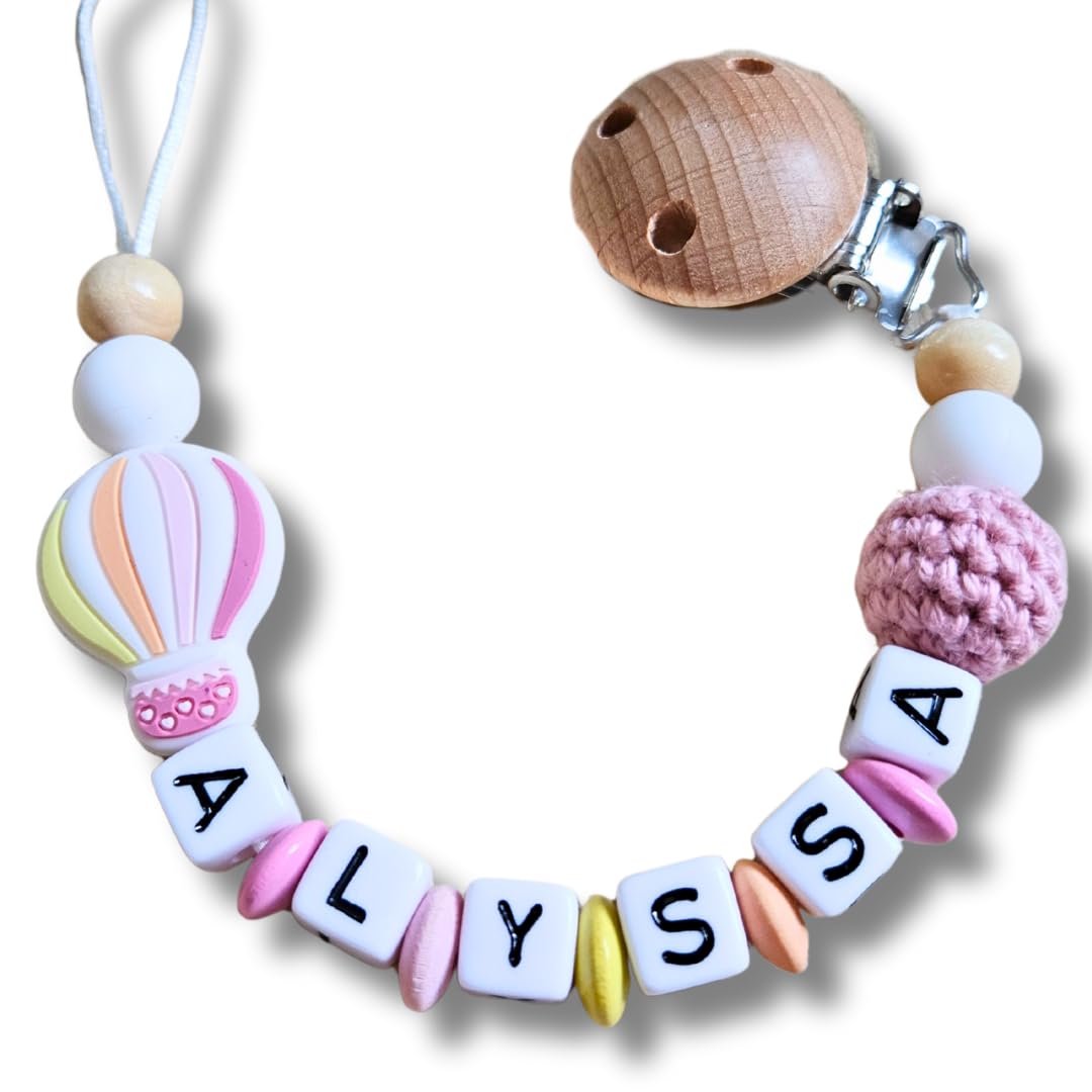 Lovely Personalisiertes Baby Geschenk, Mädchen/Junge, Schnullerkettchen mit Name, Schnullerband, verschiedene Farb-Varianten (Ballon-Rosa)