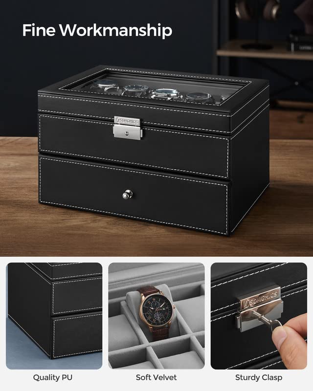 SONGMICS 20-Slot Watch Box, Watch Case with Glass Lid, 2 Layers, Lockable Watch Display Case, Black Synthetic Leather, Gray Lining UJWB006